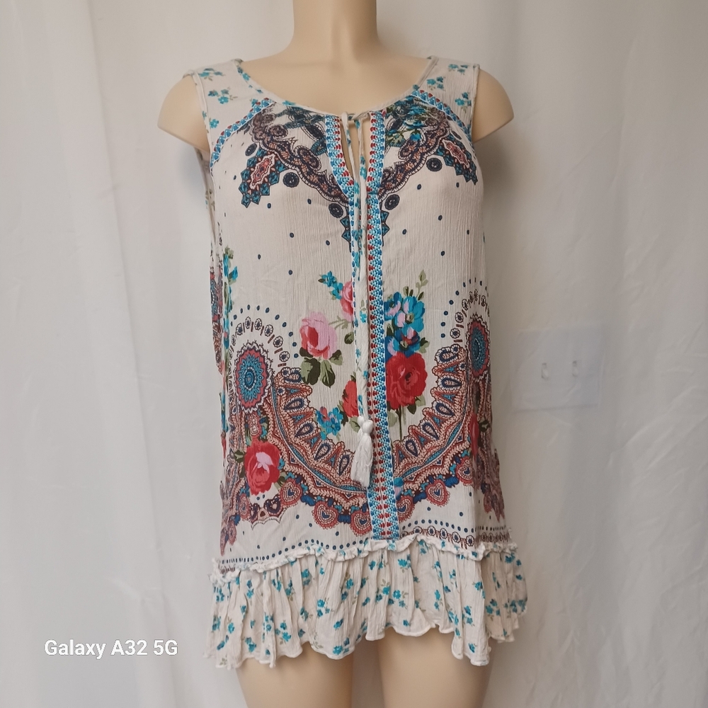 Bila Cream Sleeveless Ruffled Blouse Bohemian Chic Size XL - Picture 6 of 11